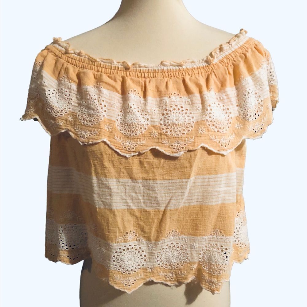 American Eagle Yellow Striped Off the Shoulder Cropped Blouse